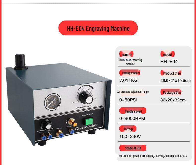 Double-Head Pneumatic Engraving Machine for Jewelry, Beading, and Inlay on Gold, Silver, and Copper.