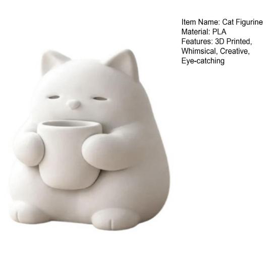 Mini Cute Cat Figurine 3D Printed Drinking Tea Cat Statue Small Desktop Ornament for Living Room Bedroom Office Shelf Decor
