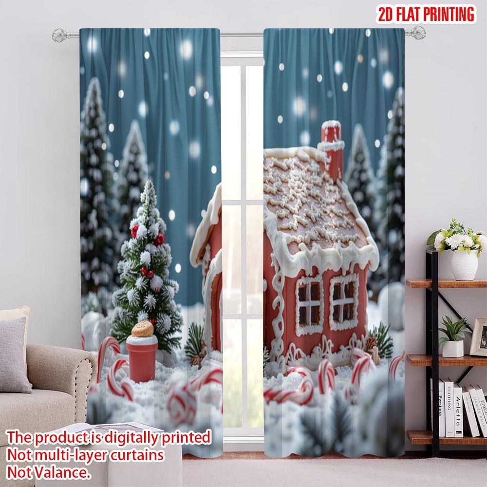 

2pcs 2D flat printing Christmas Window Curtains candy Kingdom Polyester Fabric Without Electricity 0 for Holiday Party General 100*130 HOOK 1pcs