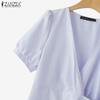 ZANZEA Elegant Women Short Sleeve Side Button Waist Pleated Casual Midi Office Dress