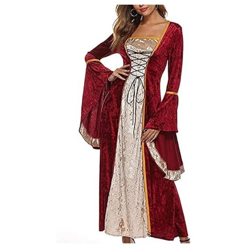 Women's Plus Size Dress Flared Sleeves Retro Long Gold Velvet Dress