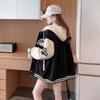 JIYUTOR Button Hoodie with Embroidered Outerwear for and Spring Stadium Student Style Black Fleece Women's Logo, Spring, Autumn, Winter,