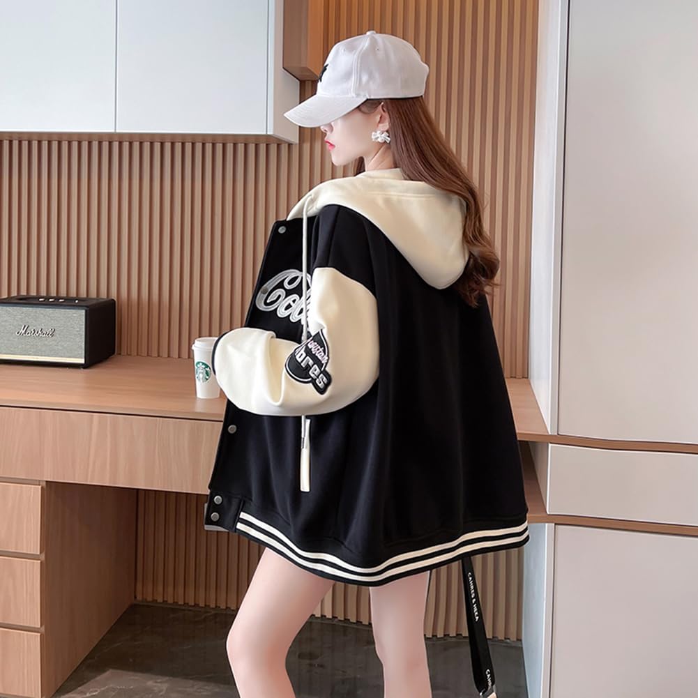 JIYUTOR Button Hoodie with Embroidered Outerwear for and Spring Stadium Student Style Black Fleece Women's Logo, Spring, Autumn, Winter,