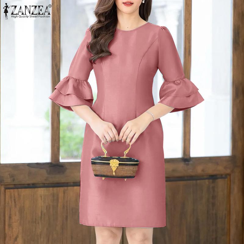 

ZANZEA Women Casual O-neck Summer Ruffles Half Sleeve Sheath Dress 3XL синий
