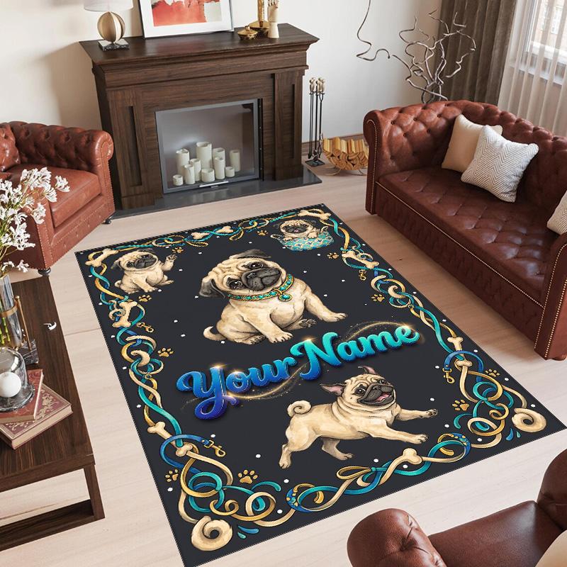 Pug Theme Crystal Velvet Floor Rug Personalized Custom Name Text Warm Carpet Home Decoration