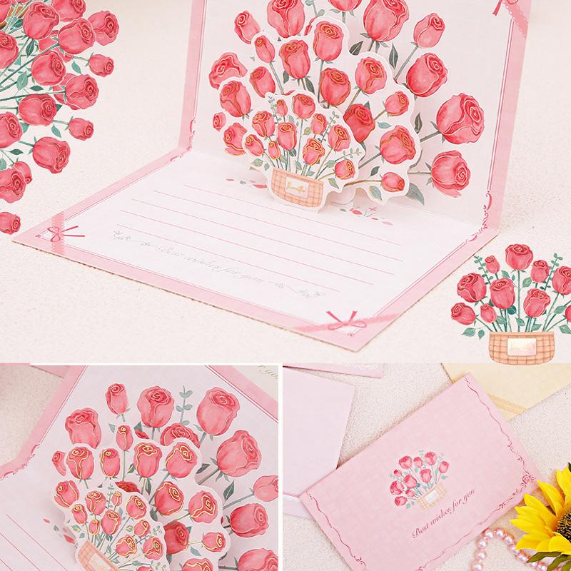1PC Paper Postcard 3D Greeting Card Creative Roses Birthday Gift Card Sunflowers Bouquet Pop-Up Tulips