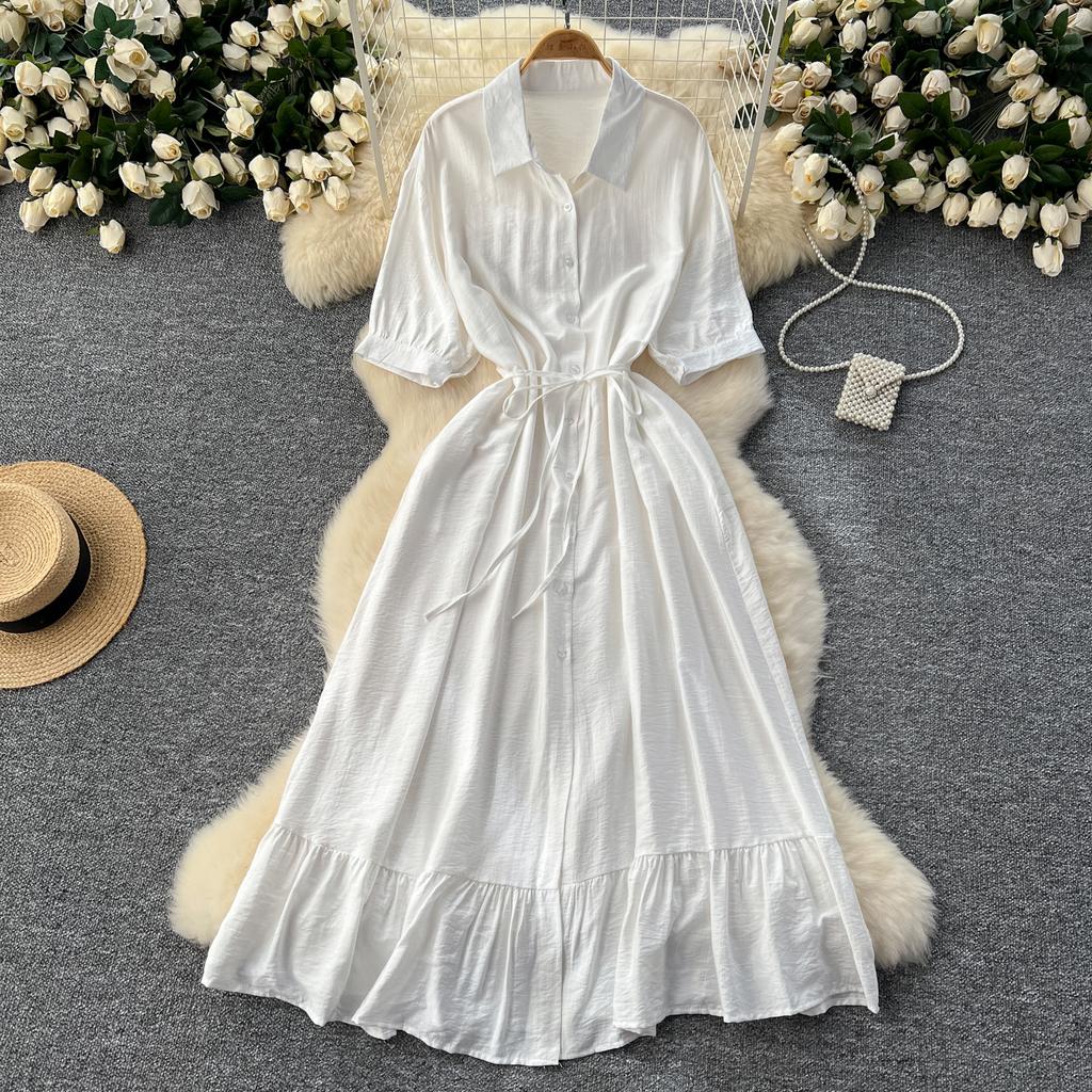 Sexy Chic Polo-Neck Single Breasted Ruffle Dress Elegant Korean Fashion Slim Summer Vintage Sweet Dresses
