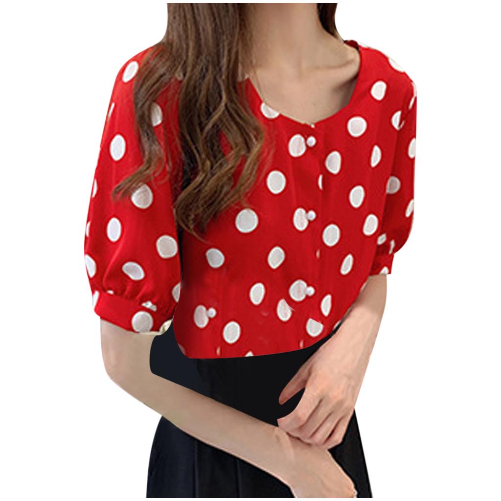 Fashion Women Casual Short Sleeve Polka Dot  Casual Tops Button Shirts