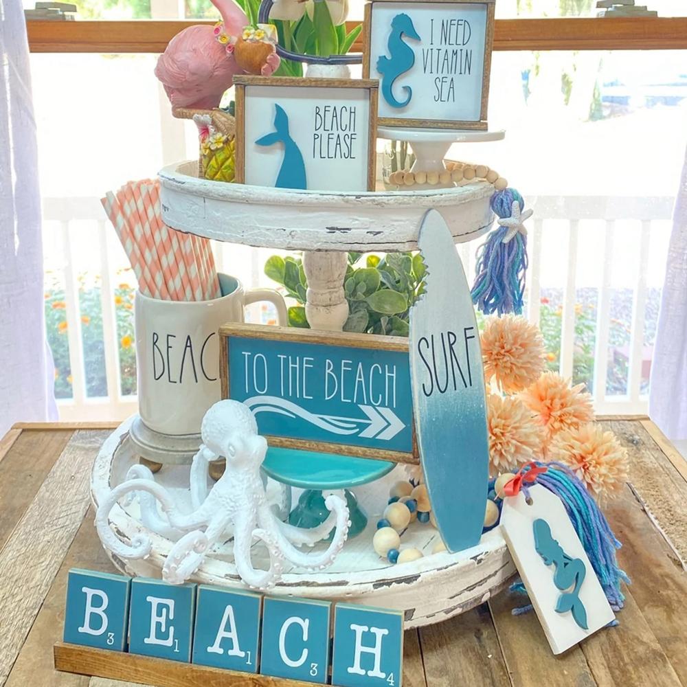 Wooden Beach Mermaid Theme Sign Tiered Tray Decoration Wood Seaside Figurines Plaque Coastal Bar Decoration Desk Ornament