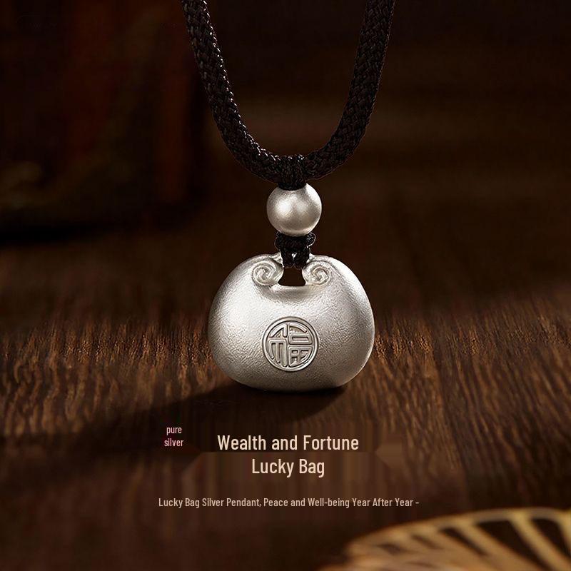 S999 Sterling Silver Chubby Fu Necklace with Black Cord - Chinese Style Lucky Bag Pendant for Women