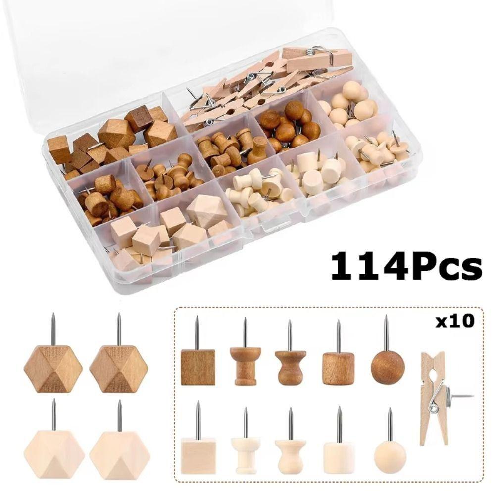 114Pcs Wooden Drawing Thumb Tacks Various Style Cork Board Thumbtack DIY Wood Push Pins  Home Craft