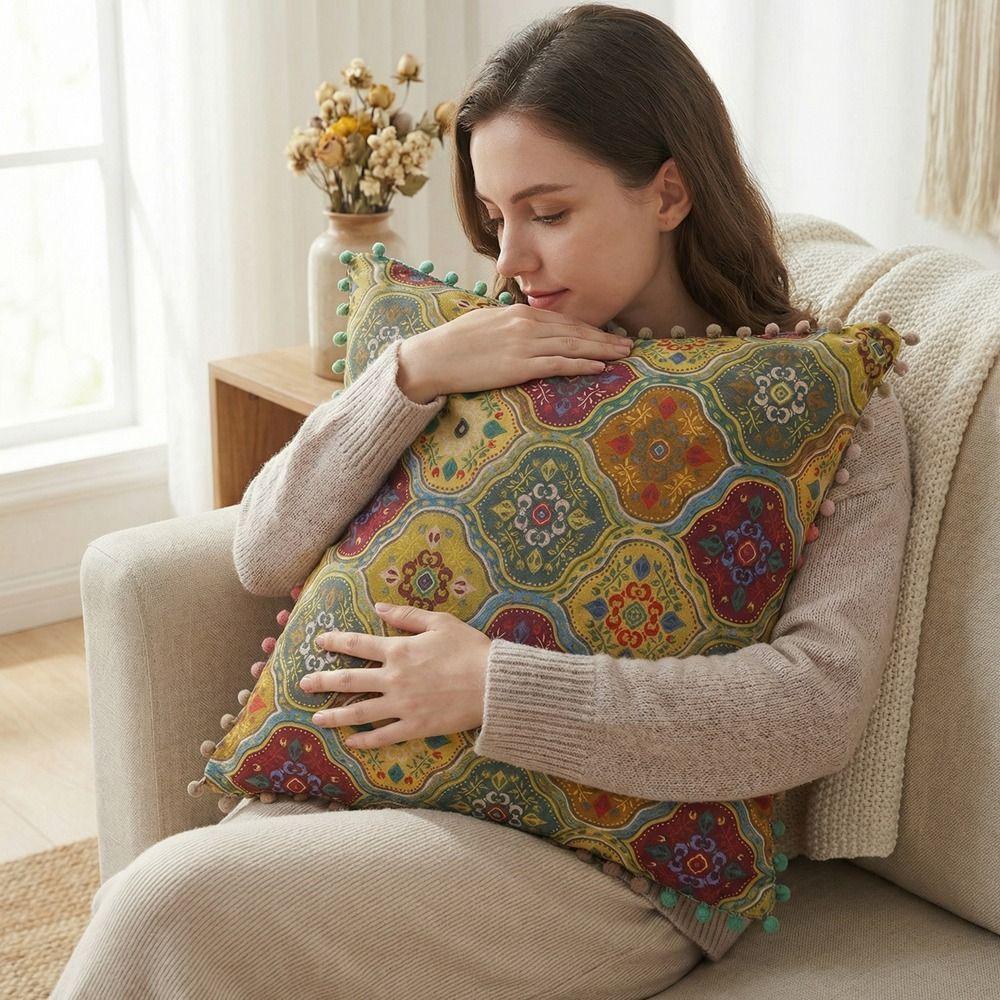 Retro Bohemian Pillow Cushion Super Soft with Tassel Sofa Cushion Decorative Printing Wear-resistant Ethnic Style Cushion