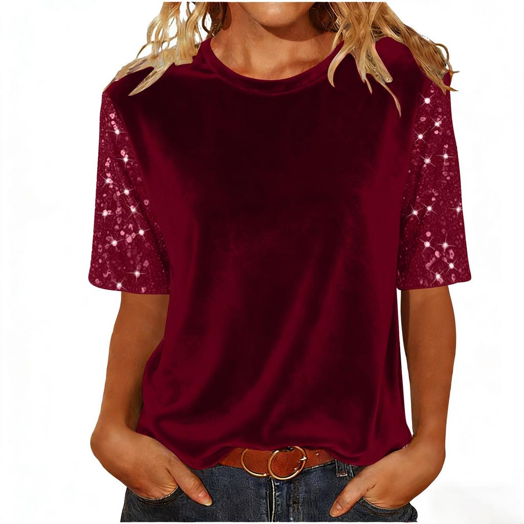 Women's Fashion Casual Round Neck Short Sleeve Patchwork Sequined Top