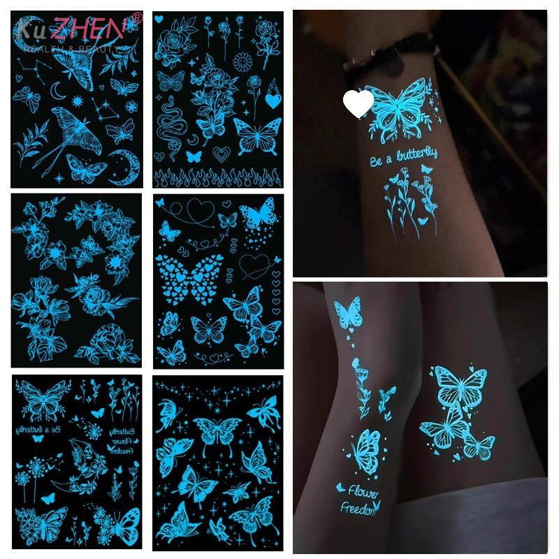 1/6Sheet Large Blue Luminous Butterfly Tattoo Stickers Women Glow In The Dark Waterproof Temporary Tattoo Music Festival Party