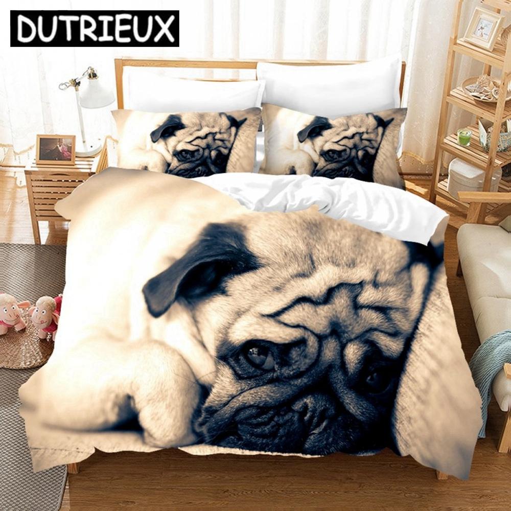 Cute Pugs 3D Duvet Cover King Size Animal Dog Printed Black White Quilt Cover Pillowcase Set Custom Bed Linen Kids Bedding Set