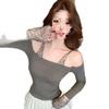 Official Women’s Autumn Sequined Off-Shoulder Long-Sleeve Top with Chest Pads - Short and Slim-Fit Design