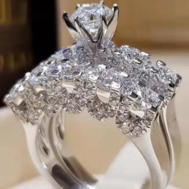 2 PCS/Set Series ! Trendy Milangirl White Crystal Round Ring Set For Women Girls Wedding Engagement Party Fashion