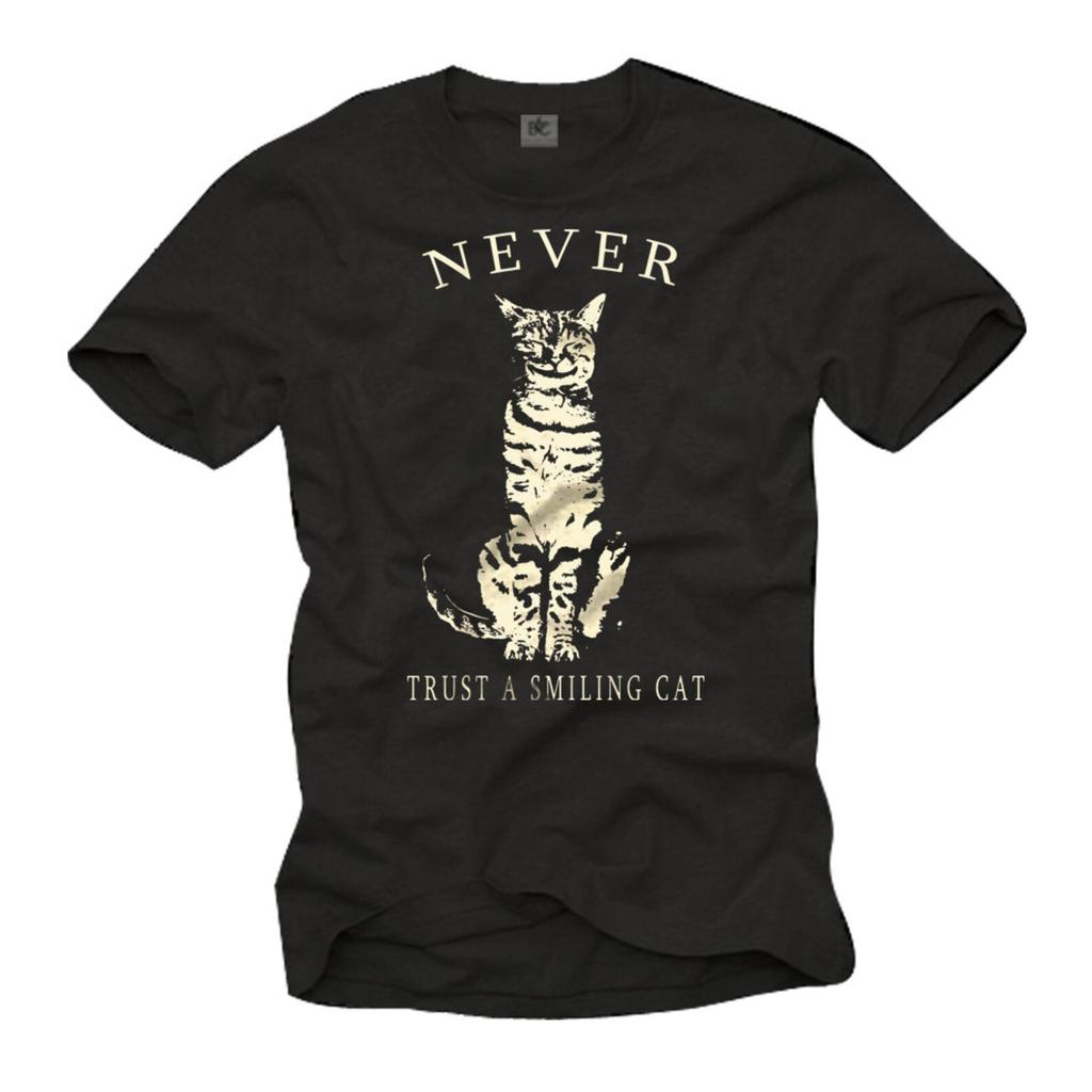 Funny Geek T-Shirt for Mens "Never Trus A Smiling Cat" Black S-XXXXXL
