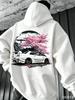 Sakura-jdm Men Hoodie Cherry Blossom JDM Sports Car Back Print, Mountain Shrine Auto Graphic, Soft Fleece Pullover Sweatshirt for Daily Street Wear