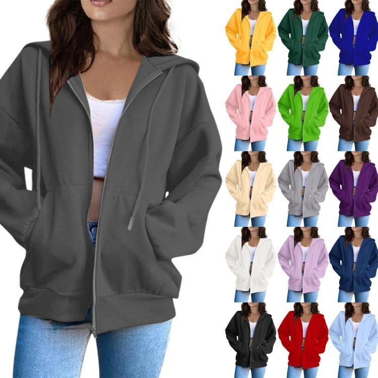 Women Fashion Casual Hooded Long Sleeve Solid Color Zippered Sweatshirt