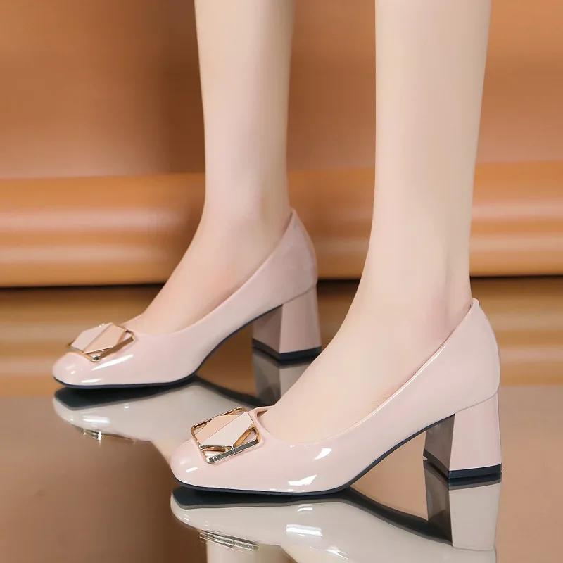 2025Medium Thick Heel Soft Leather  Single Shoes Shallow Mouth Square Head Women's Pumps Metal Square Buckl Heeled Mom Shoes