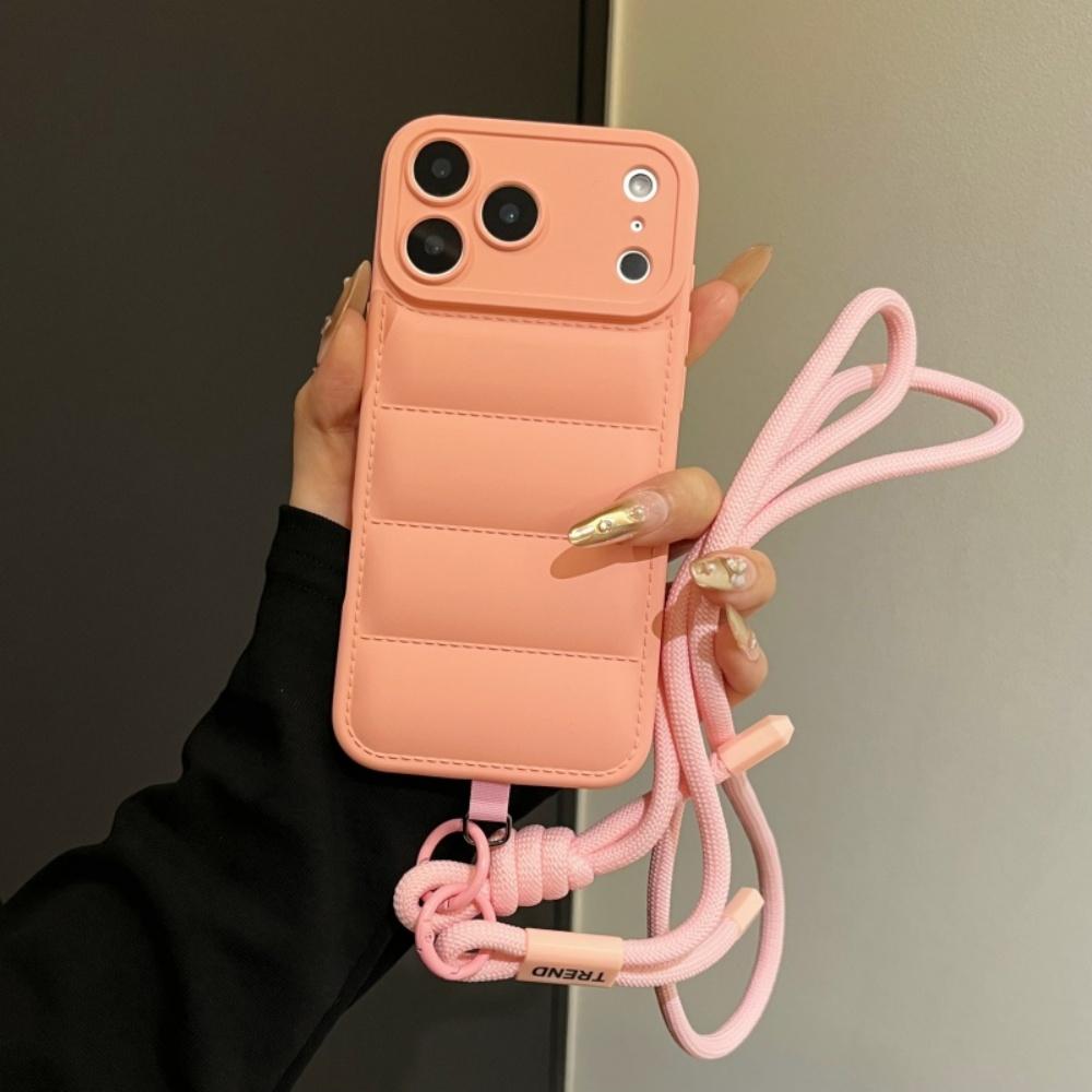 Fashion Down Jacket Lanyard Crossbody Case for iPhone 17 16 15 Pro Max 14 Plus 13 12 11 Air X Xr Xs Long Strap Solid Color Cover