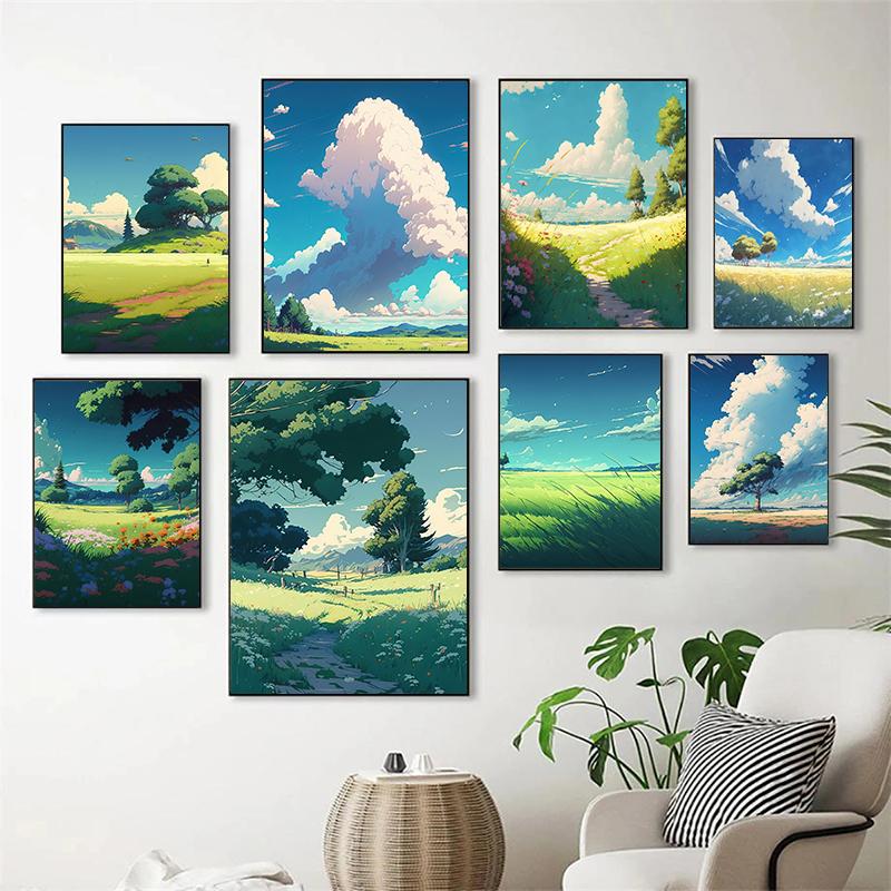 Vintage Japan Feld Natur Landschaft Poster Leinwand Malerei Gras Wolke Bäume Anime Wand Kunst für moderne Wohnzimmer Home Decor