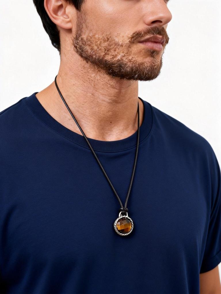 Faceted Sparkling Natural Stone Pendant for Men,Adjustable Black Cord Long Chain Tiger Eye Stone Collars,Stylish Jewelry Gift
