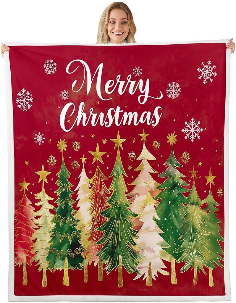 Christmas Throw Blanket Watercolor Red Truck Decor Fleece Blanket for Kids Teens Adults Green Xmas Trees Yellow Polka Dots Fuzzy