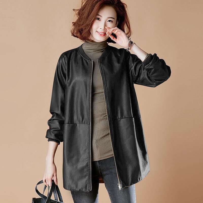 Spring and Autumn Women's Mid Length Leather Jacket PU Baseball Uniform Commute Style Loose and Slimming Faux Leather Coat
