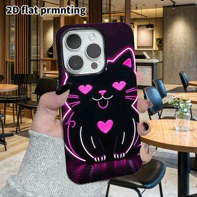 Phone Case: 2D Flat Design Suitable for iPhone 18 17 16 15 14 13 Pro Film Protective Case, Couple Style, Little Black Cat with Heart, Christmas and Ha