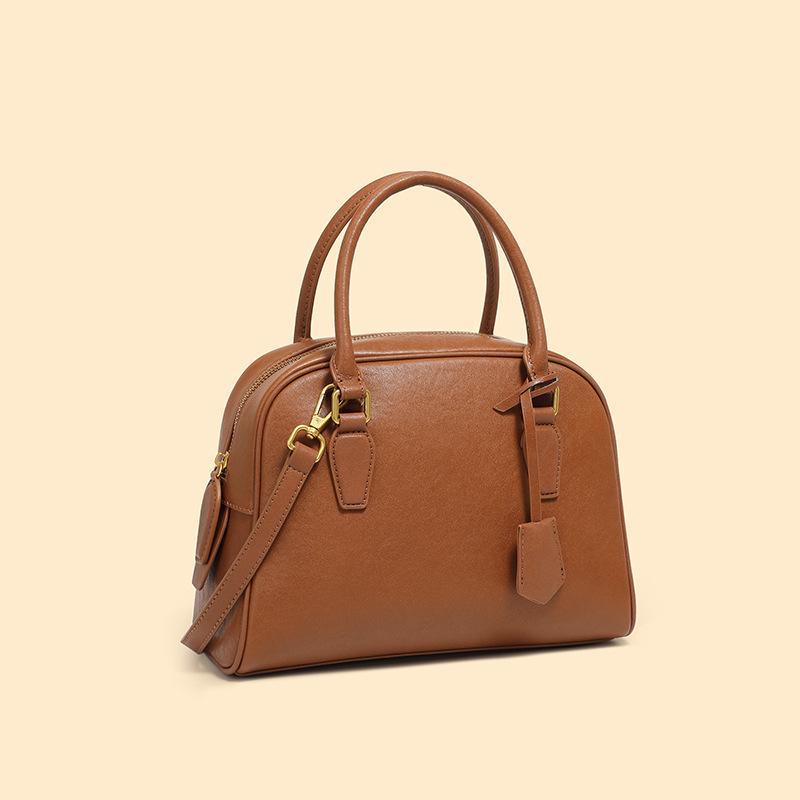 Women's Genuine Cowhide Leather Boston Bag - Minimalist Large Capacity Handbag