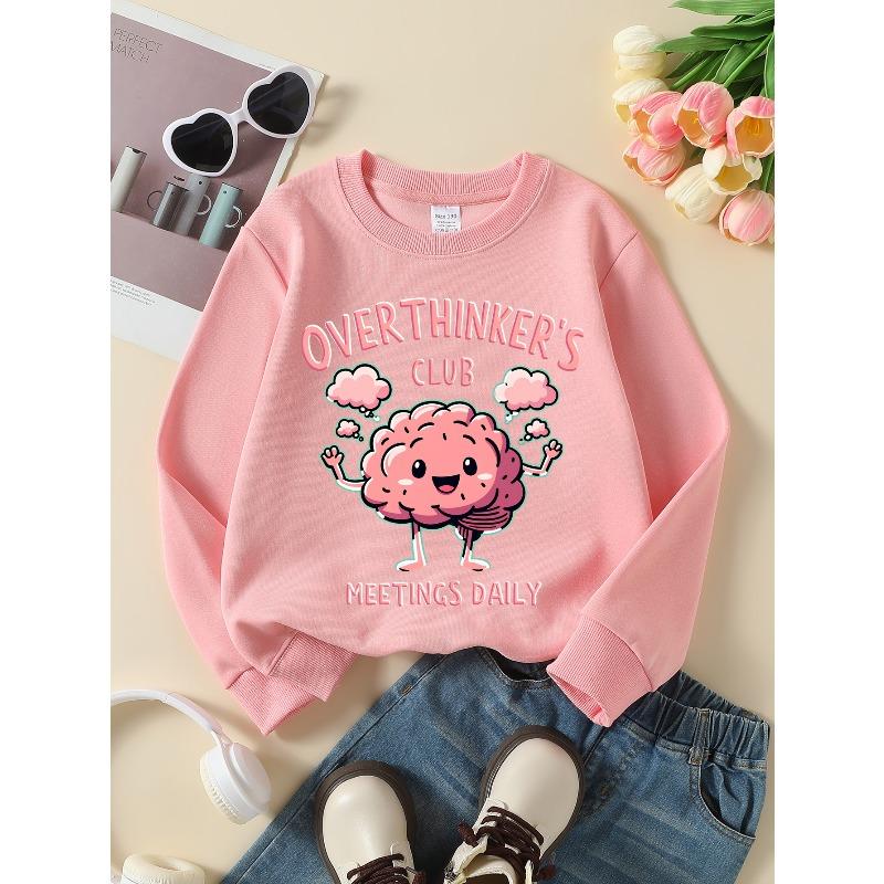 Kids Crewneck Long Sleeve Pullover Sweatshirt, Cute Brain Character With Thought Bubble Graphic Print