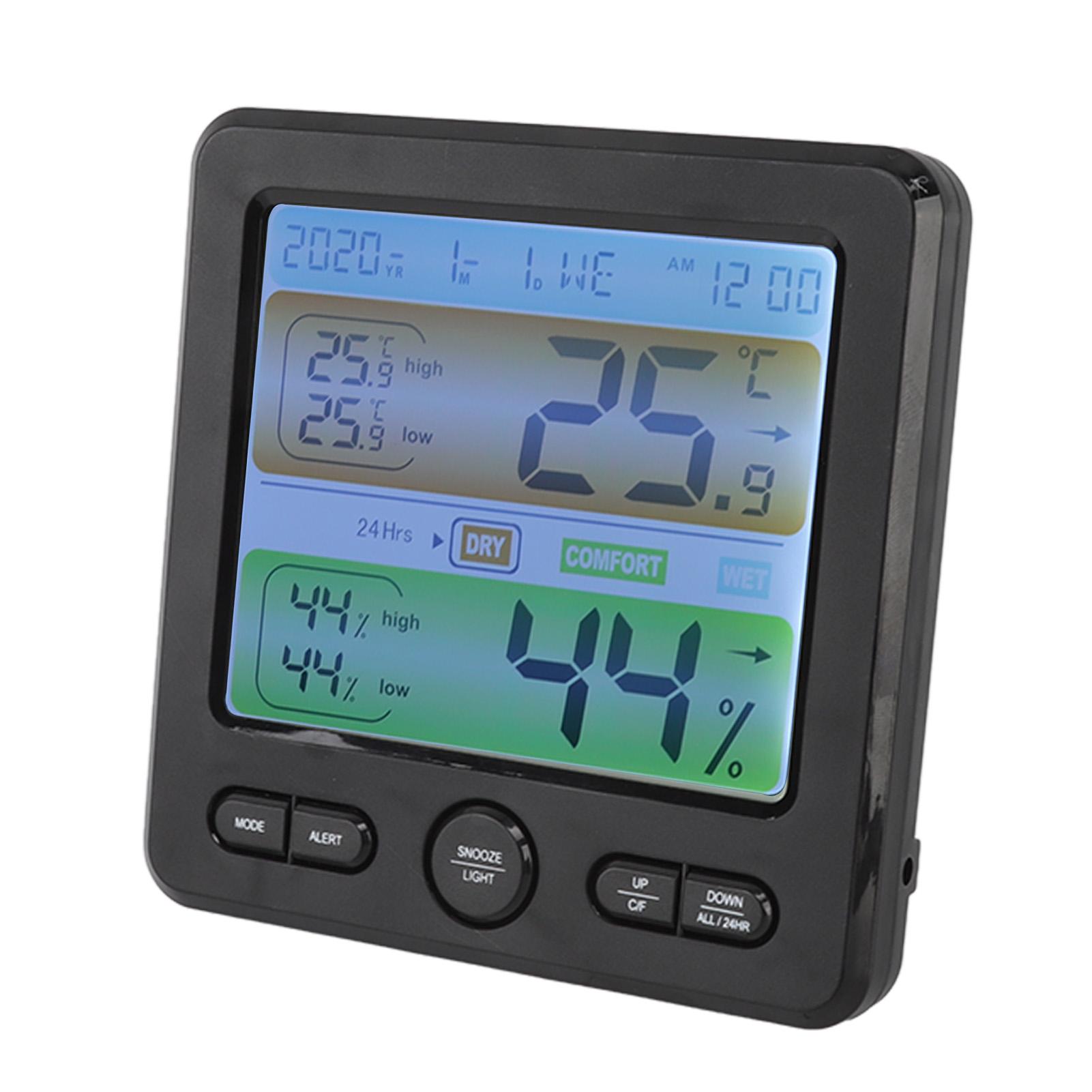 Indoor Thermometer Digital Color Screen Alarm Temperature Humidity Monitor Bedside Clock for Home Black