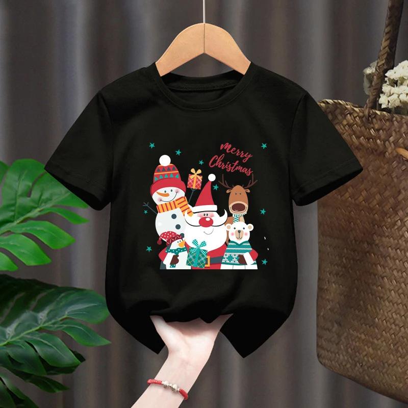 Neformální kreslené chlapecké a dívčí tričko top, vánoční Santa Claus sob s krátkým rukávem dětské oblečení, kulatý výstřih