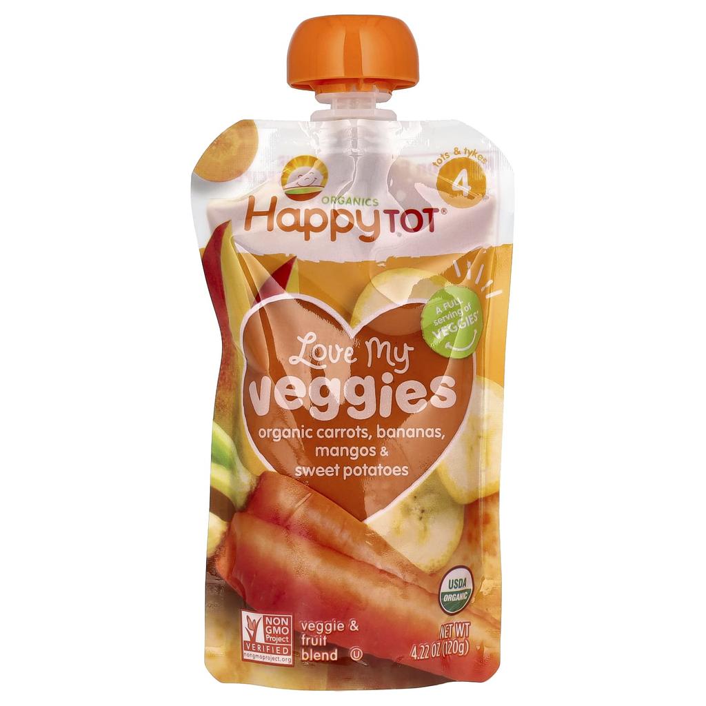 Happy Family Organics, Happy Tot, Love My Veggies, Carrot, Banana, Mango and Sweet Potato, 4 Pouches - 120 g (4.22 oz) each