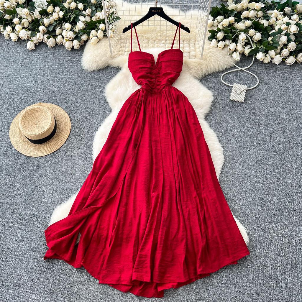 Leichter Luxus Europäisches und Amerikanisches Trägerkleid Damen Sommer Sexy Rückenfrei Träger Falten Design Spice Girl Großer Saum Langes Kleid Kleid