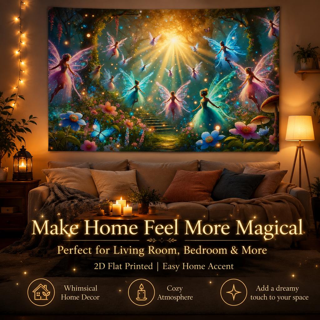 Enchanting Fairy Garden Tapestry Peach Skin 2D Flat Printed Magical Forest Wall Hanging for Kids Girls Bedroom Home Room Decor