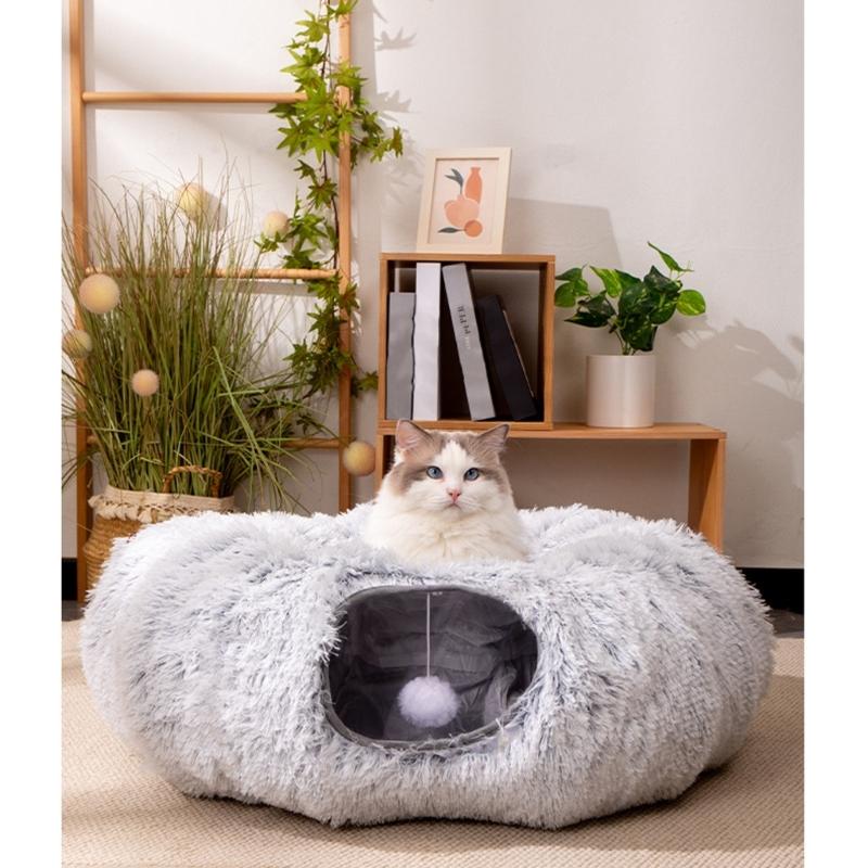 Soft Plush Foldable Cats Bed Tunnel with Space Saving Providing Warmth and Entertainment for Cats Indoor or Outdoors