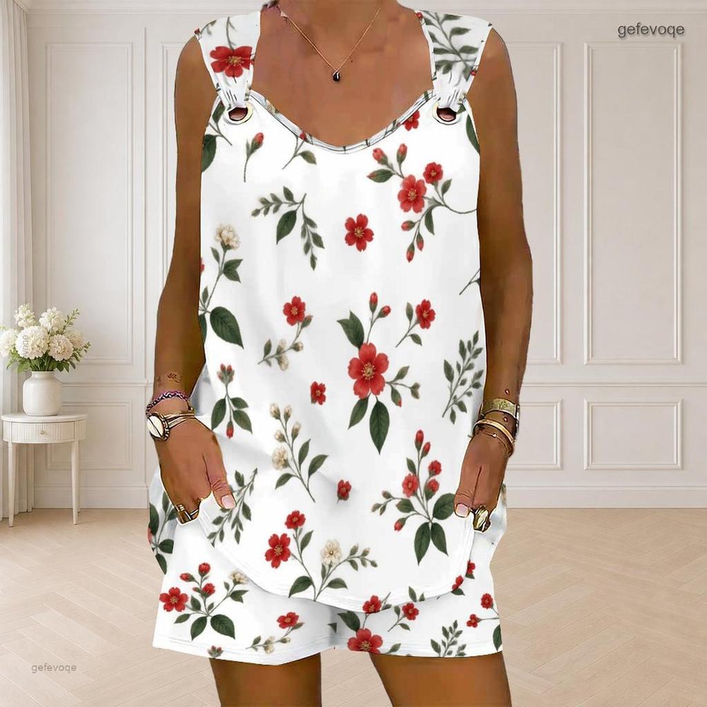 Women Plus Size Floral Printed Sleeveless Ring Strap Tank Top Pocket Shorts Two Piece Set