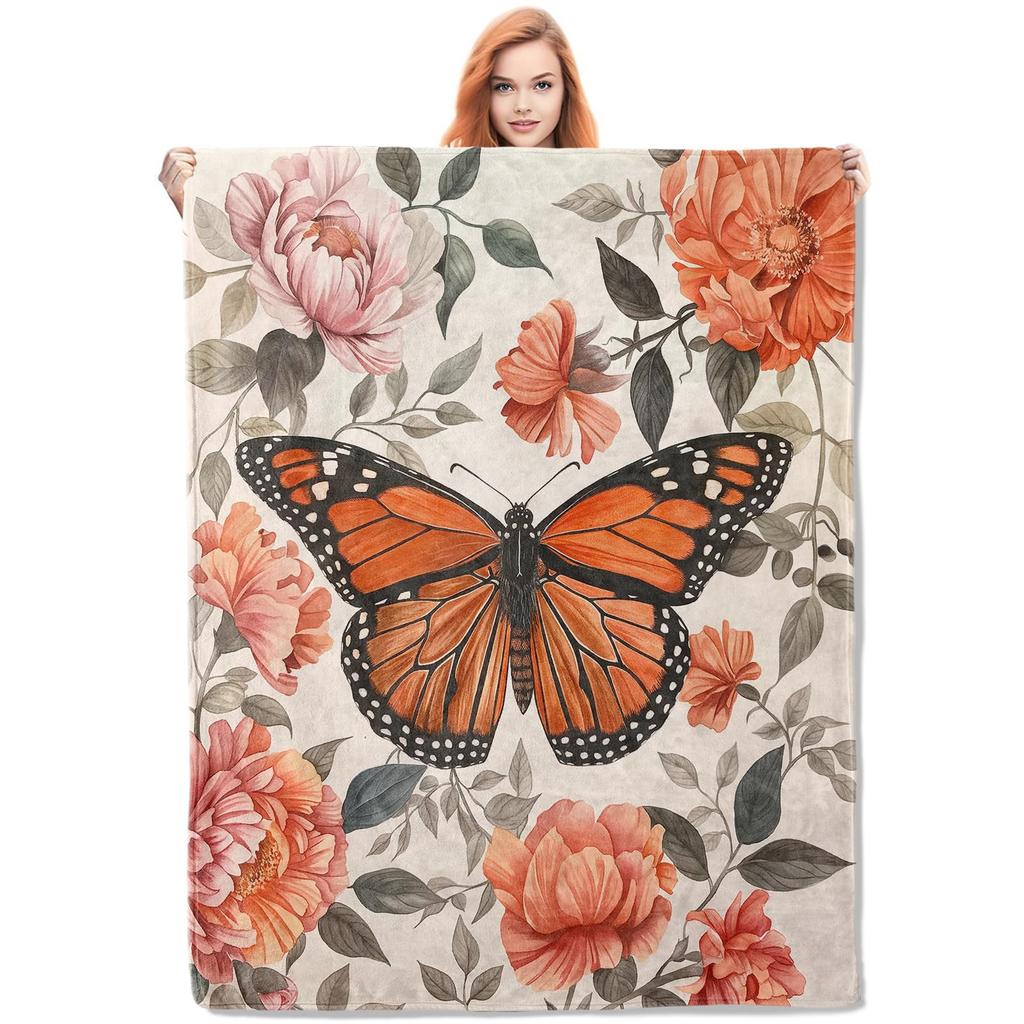 Cartoon Butterfly Pattern Throw Flannel Blanket Chic Super Soft Warm Plush Blanket for Bedroom Couch Sofa Decoration