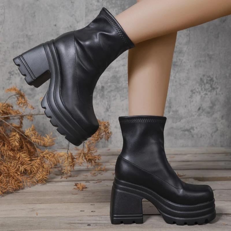 

Большой Размер Весна и Осень Мода Новый Товар Толстая Подошва Увеличивающие Рост Женские Короткие Сапоги Высокий Каблук Молния Женские Сапоги 38 чёрный