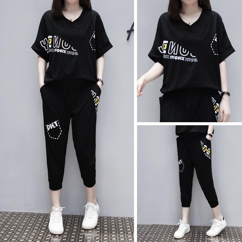 Summer Korean Fashion Women's Running Sportswear Set Short Sleeves Trousers