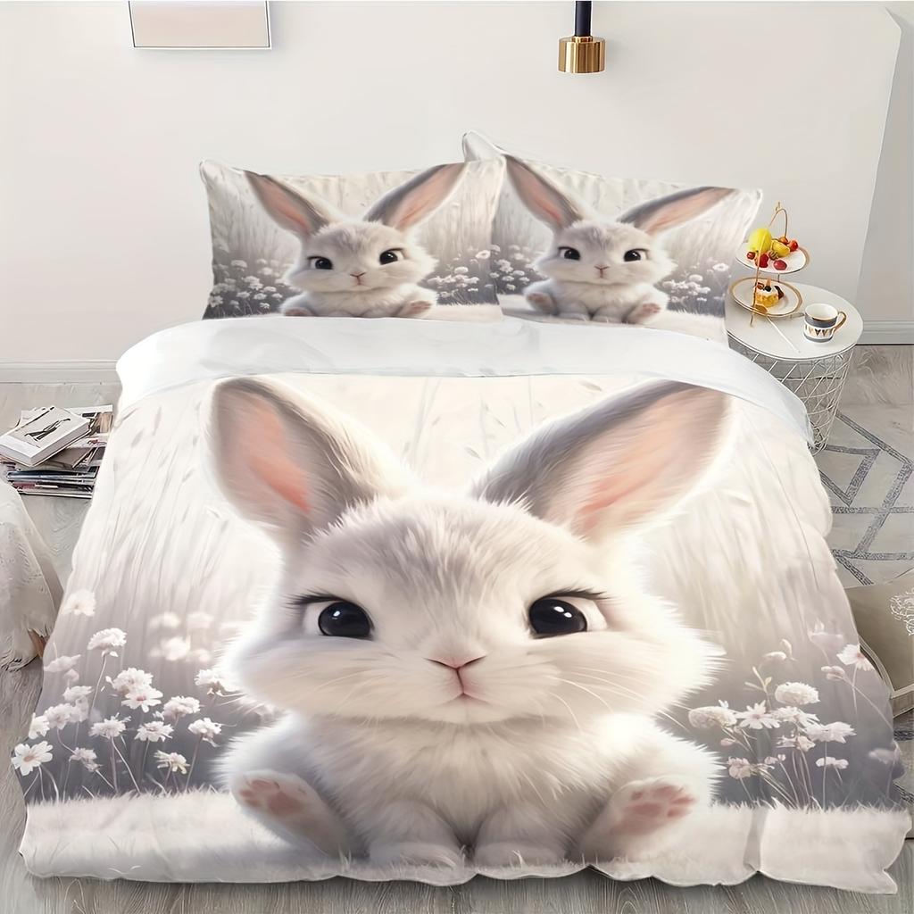 3-teiliges entzückendes Kaninchen-Druck Bettwäsche-Set - Weiches Polyester Digitaldruck Komfort Enthält 1 Queensize Bettbezug & 2 Kissenbezüge