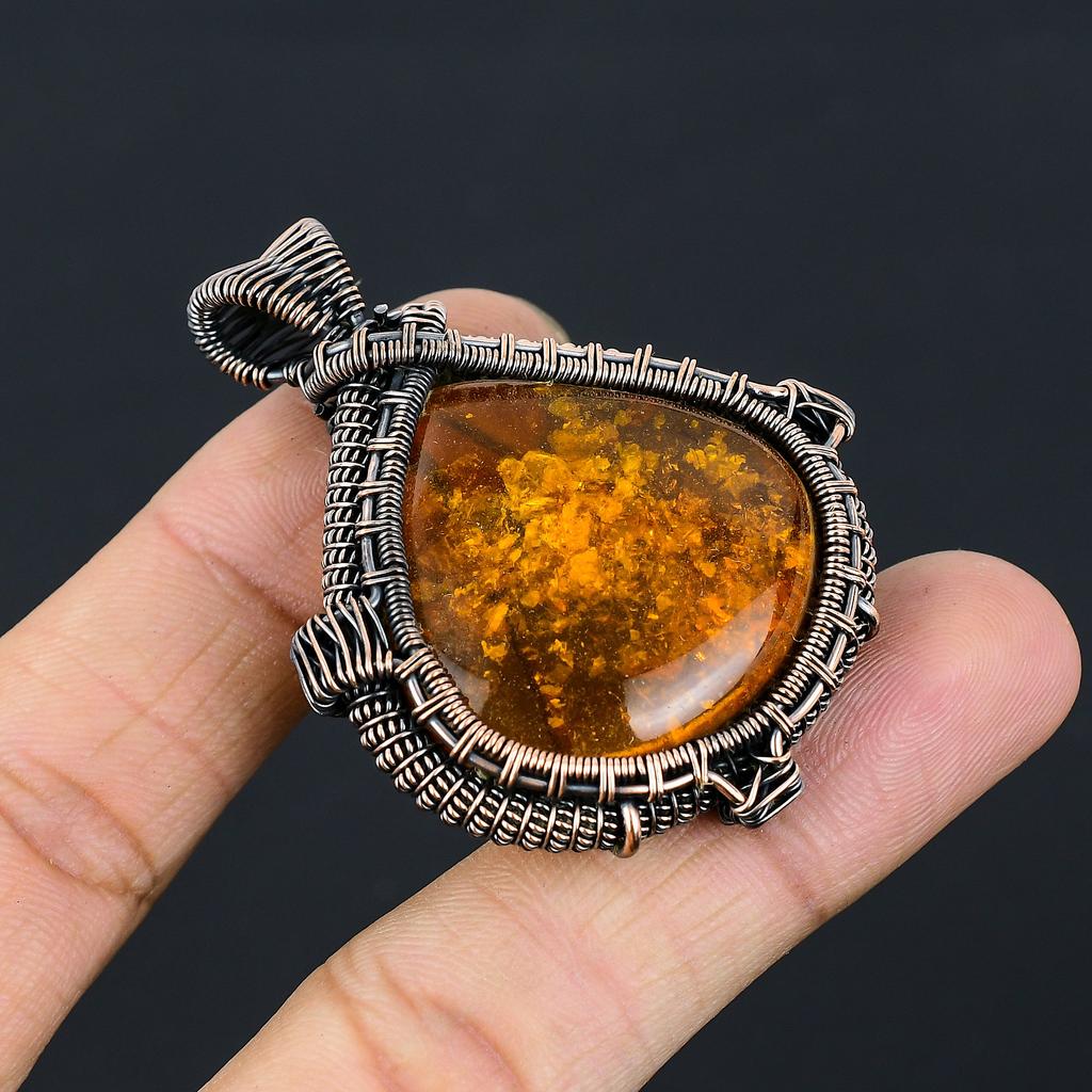 Natural Baltic Amber Gemstone Handmade Copper Wire Wrap Pendant 2.17" O1w20