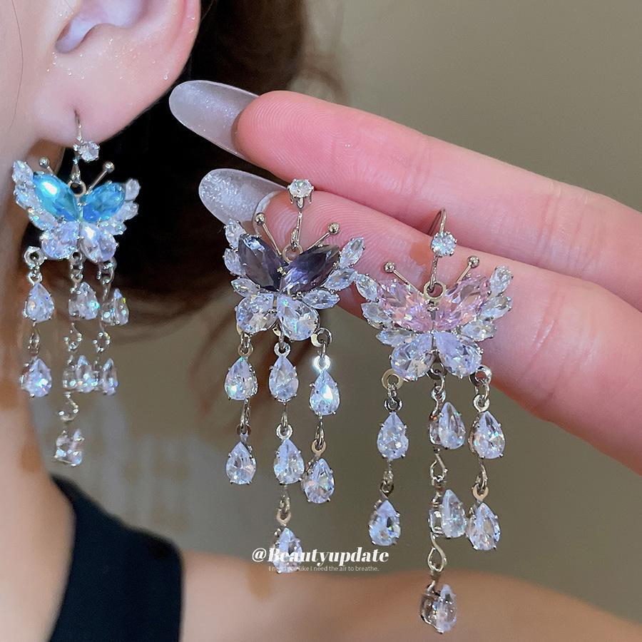 Korean Style Zircon Butterfly Water Drop Earrings - Light Luxury and Fashionable Stud Ear Jewelry