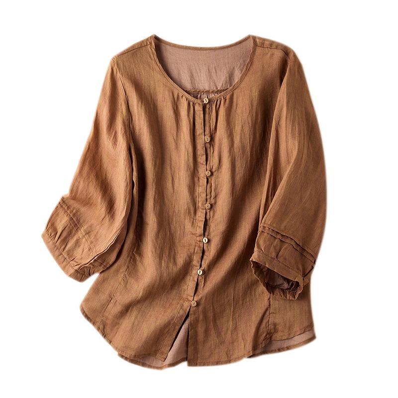 Spring Round Neck Ramie Loose Fitting Shirt Artistic Retro Versatile Casual Thin Top for Women Shirt