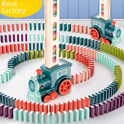Educational Electric Train Toy with Automatic Domino Setup and Sound & Light Effects