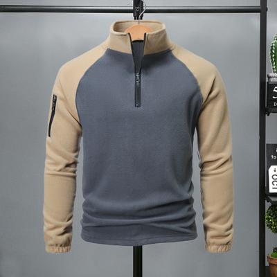 Fall Winter Men Top Half Zipper Stand Collar Neck Protecting Colorblock Polar Fleece Mid Length Pullover Sweatshirt for Streetwear School Dating
