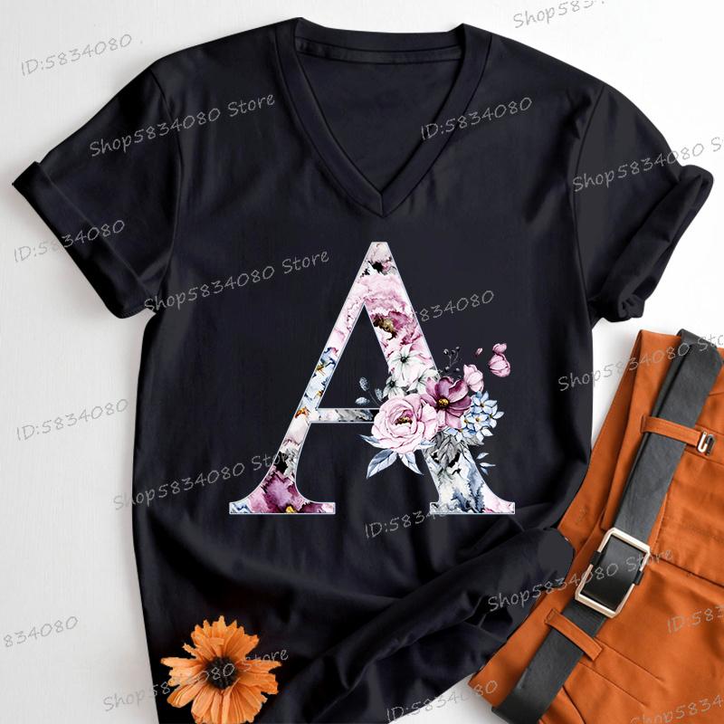 Womens Clothing AZ 26 Alphabet Flower Vintage Design Tshirts Retro Birthday Gift for Women Floral Letters A B C D Classic Top